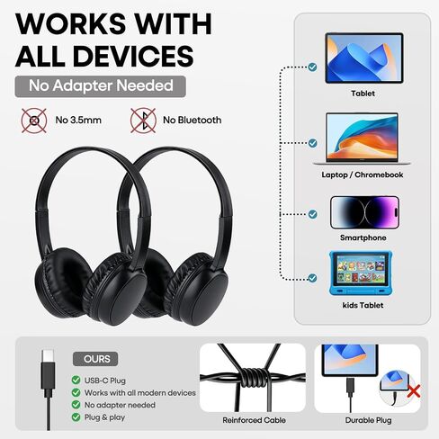 Kids USB C Wired On-Ear Headphones 2-Pack, Adjustable Headset for School Classroom Students, Compatible with Chromebooks, Laptops, Tablets and Smartphones, Black in Kuwait