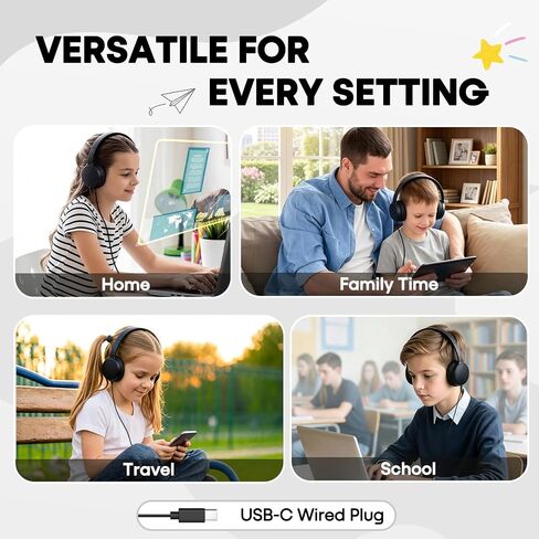 Kids USB C Wired On-Ear Headphones 2-Pack, Adjustable Headset for School Classroom Students, Compatible with Chromebooks, Laptops, Tablets and Smartphones, Black in Kuwait