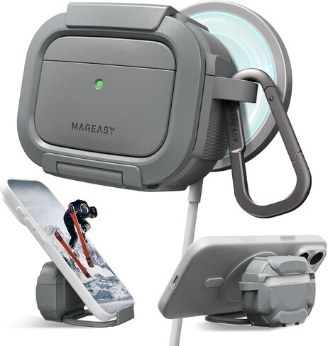 MAGEASY Axiz AirPods Pro 3 Case Cover with Lock & Phone Stand, Keychain Carabiner + Wristlet Strap, Aviation-Grade Aluminum Locking Mechanism, Rugged Shockproof Shell MagSafe (Metal Blue Grey) in Kuwait