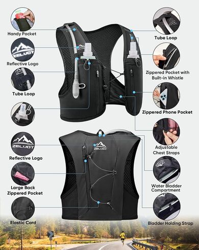 Zelvot Running Vest for Women Men, Hydration Backpack with 2L Water Bladder | Lightweight 7.5 oz, 8 Pockets, Adjustable Chest Straps, Built-In Whistle, Reflective Logos for Marathons, Long-Distance Runs in Kuwait