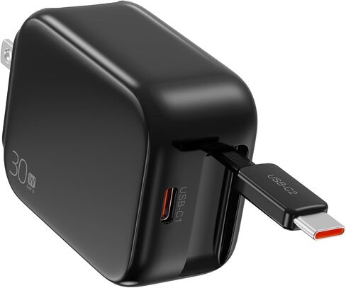 2-in-1 Retractable Wall Charger Plug with USB C Port and 27in/70cm Type C Cable,Travel Essentials 30W Fast Charging Foldable Block for iPhone 16/15/,iPad,Galaxy,Pixel-Black in Kuwait