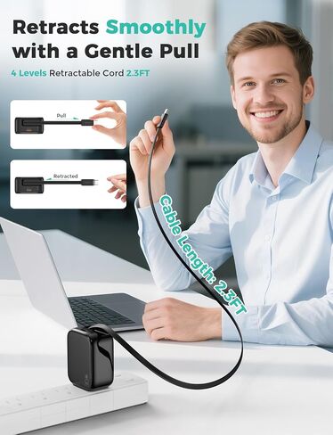 2-in-1 Retractable Wall Charger Plug with USB C Port and 27in/70cm Type C Cable,Travel Essentials 30W Fast Charging Foldable Block for iPhone 16/15/,iPad,Galaxy,Pixel-Black in Kuwait