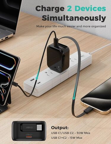 2-in-1 Retractable Wall Charger Plug with USB C Port and 27in/70cm Type C Cable,Travel Essentials 30W Fast Charging Foldable Block for iPhone 16/15/,iPad,Galaxy,Pixel-Black in Kuwait