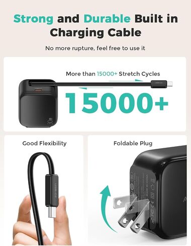 2-in-1 Retractable Wall Charger Plug with USB C Port and 27in/70cm Type C Cable,Travel Essentials 30W Fast Charging Foldable Block for iPhone 16/15/,iPad,Galaxy,Pixel-Black in Kuwait