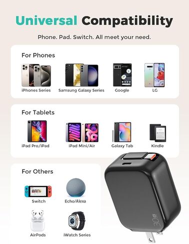 2-in-1 Retractable Wall Charger Plug with USB C Port and 27in/70cm Type C Cable,Travel Essentials 30W Fast Charging Foldable Block for iPhone 16/15/,iPad,Galaxy,Pixel-Black in Kuwait