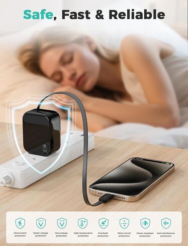 2-in-1 Retractable Wall Charger Plug with USB C Port and 27in/70cm Type C Cable,Travel Essentials 30W Fast Charging Foldable Block for iPhone 16/15/,iPad,Galaxy,Pixel-Black in Kuwait