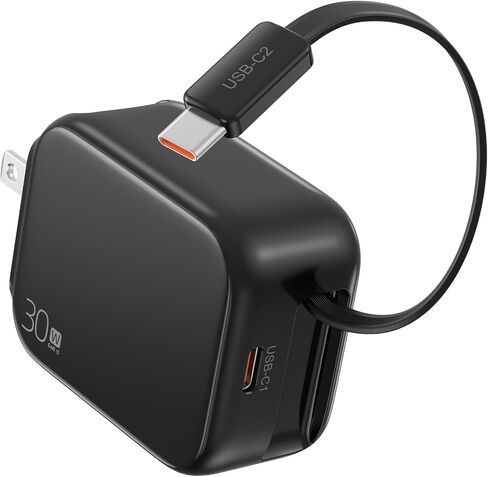 2-in-1 Retractable Wall Charger Plug with USB C Port and 27in/70cm Type C Cable,Travel Essentials 30W Fast Charging Foldable Block for iPhone 16/15/,iPad,Galaxy,Pixel-Black in Kuwait
