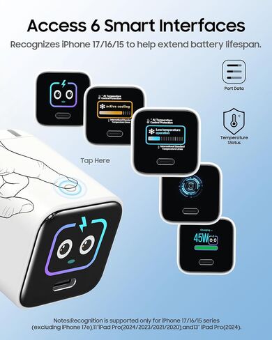 Smart Display Charger,USB C Charger Block with 6.6FT USB-C Cable,45W Max GaN Phone Charger 90° Foldable Plug,Smart Recognition,Care Mode,Real-Time Display for iPhone 17/16/15 & iPad Pro Series in Kuwait