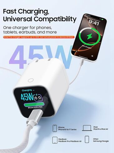 Smart Display Charger,USB C Charger Block with 6.6FT USB-C Cable,45W Max GaN Phone Charger 90° Foldable Plug,Smart Recognition,Care Mode,Real-Time Display for iPhone 17/16/15 & iPad Pro Series in Kuwait