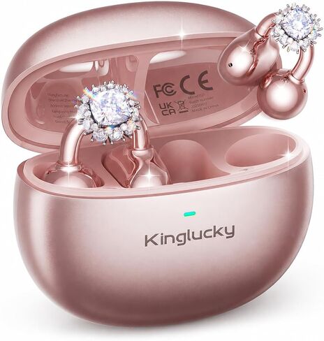 Kinglucky Clip-On Open Ear Earbuds with Detachable Diamond Earrings, Bluetooth 5.4 Open Ear Wireless Headphones for Women, 40H Playtime, Comfortable Small-Ear Fit, Rose Gold in Kuwait