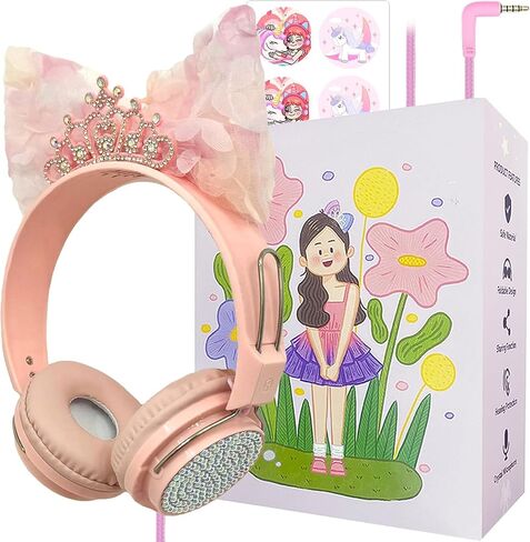 Kids Wired Headphones, Over-Ear Crown Design, 95dB Volume Limited, Built-in Mic, Rose (Pink2) in Kuwait