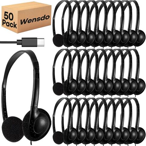 USB-C Classroom Headphones Bulk 50 Pack – Durable On-Ear Headset for Students K-12 Schools, USB Type-C Plug Compatible with Chromebook Laptop PC Tablet Smartphones (HY857C, 50 Black) in Kuwait