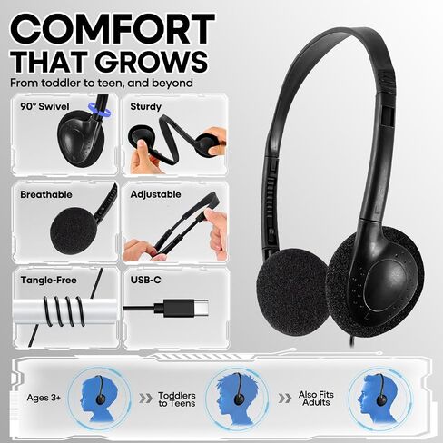USB-C Classroom Headphones Bulk 50 Pack – Durable On-Ear Headset for Students K-12 Schools, USB Type-C Plug Compatible with Chromebook Laptop PC Tablet Smartphones (HY857C, 50 Black) in Kuwait