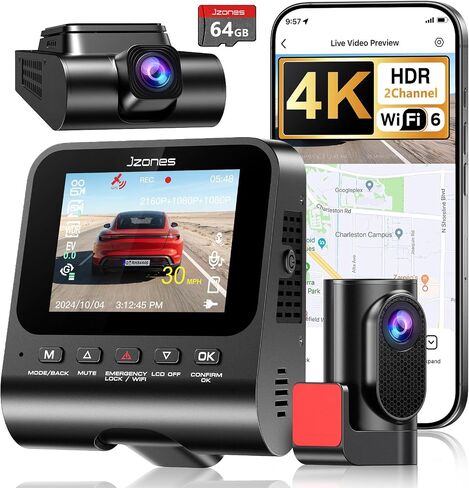 4K Dash Cam Front and Rear, HDR Night Vision Dash Camera for Cars 64GB Card 5.8GHz WiFi6 up to 20MB/s APP Control Dash Cams Built-in GPS, G-Sensor, Loop Recording, 170°Wide Angle, 24H Parking Mode in Kuwait