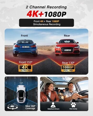 4K Dash Cam Front and Rear, HDR Night Vision Dash Camera for Cars 64GB Card 5.8GHz WiFi6 up to 20MB/s APP Control Dash Cams Built-in GPS, G-Sensor, Loop Recording, 170°Wide Angle, 24H Parking Mode in Kuwait