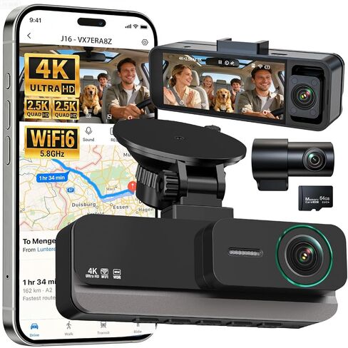 4K+2.5K+2.5K 3 Channel Dash Cam - Front/Rear/Inside - 5.8GHz WiFi 6 Dashcam with IR Night Vision, 64GB Card, 24H Parking Mode, G-Sensor - Car Dash Cam for Rideshare & Taxi in Kuwait