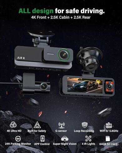 4K+2.5K+2.5K 3 Channel Dash Cam - Front/Rear/Inside - 5.8GHz WiFi 6 Dashcam with IR Night Vision, 64GB Card, 24H Parking Mode, G-Sensor - Car Dash Cam for Rideshare & Taxi in Kuwait