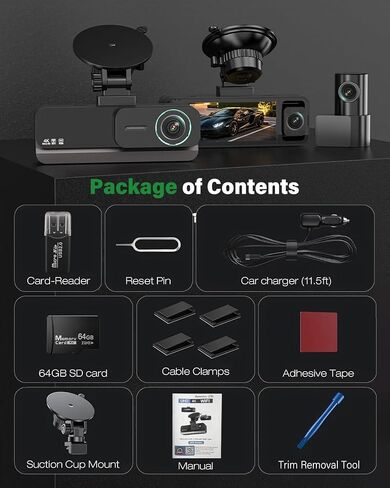 4K+2.5K+2.5K 3 Channel Dash Cam - Front/Rear/Inside - 5.8GHz WiFi 6 Dashcam with IR Night Vision, 64GB Card, 24H Parking Mode, G-Sensor - Car Dash Cam for Rideshare & Taxi in Kuwait