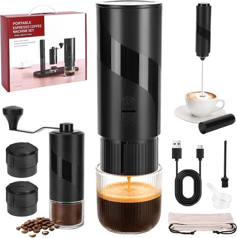 Portable Coffee Machine Set，Rechargeable Manual Coffee Grinder & Electric Milk Frother All in 1 Mini Travel Coffee Maker Set for Camping, Electric Coffee Maker, Compatible with Coffee Grounds&Capsules in Kuwait