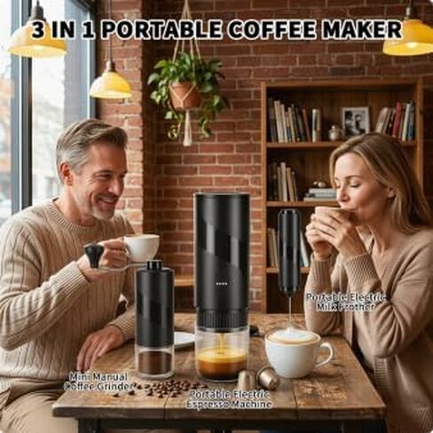 Portable Coffee Machine Set，Rechargeable Manual Coffee Grinder & Electric Milk Frother All in 1 Mini Travel Coffee Maker Set for Camping, Electric Coffee Maker, Compatible with Coffee Grounds&Capsules in Kuwait