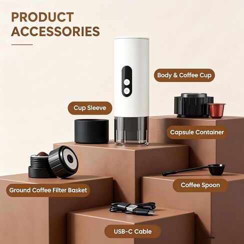 Electactic Portable Coffee Maker with Self-Heating, Small Camping Coffee Maker for Travel with 9000mAh Battery, Travel Coffee Maker for Ground Coffee & Nespresso Pods, White in Kuwait