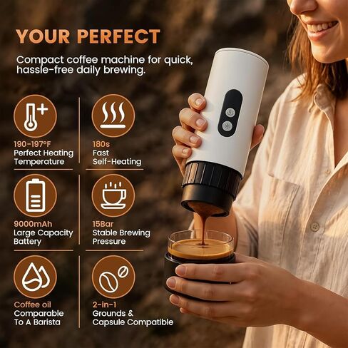 Electactic Portable Coffee Maker with Self-Heating, Small Camping Coffee Maker for Travel with 9000mAh Battery, Travel Coffee Maker for Ground Coffee & Nespresso Pods, White in Kuwait