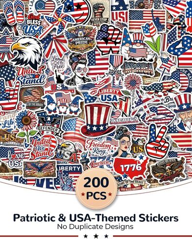 Aowplc Patriotic Stickers Pack – 200 PCS Waterproof Vinyl USA Die Cut Stickers – American Flag & Patriotic Designs for 4th of July, Memorial Day & Veterans Day in Kuwait