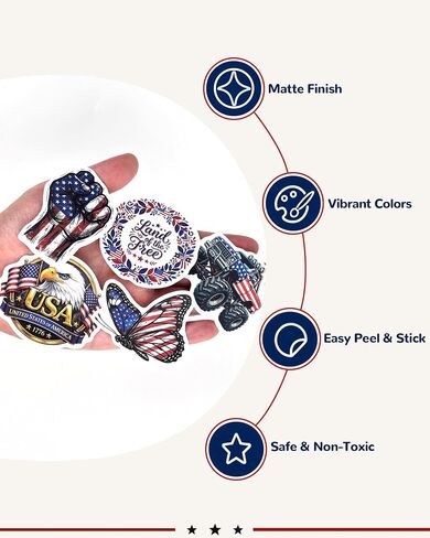Aowplc Patriotic Stickers Pack – 200 PCS Waterproof Vinyl USA Die Cut Stickers – American Flag & Patriotic Designs for 4th of July, Memorial Day & Veterans Day in Kuwait