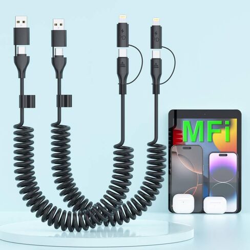 60W USB C to Lightning Cable Fast Charging Cable Supports Apple CarPlay & Android Auto,4-in-1 Coiled iPhone 16 CarPlay Cable for Car, [2Pack 4FT] Coided Lightning Cable for iPhone 16/15/14/13/Samsung in Kuwait