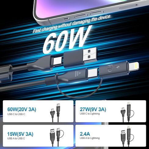 60W USB C to Lightning Cable Fast Charging Cable Supports Apple CarPlay & Android Auto,4-in-1 Coiled iPhone 16 CarPlay Cable for Car, [2Pack 4FT] Coided Lightning Cable for iPhone 16/15/14/13/Samsung in Kuwait