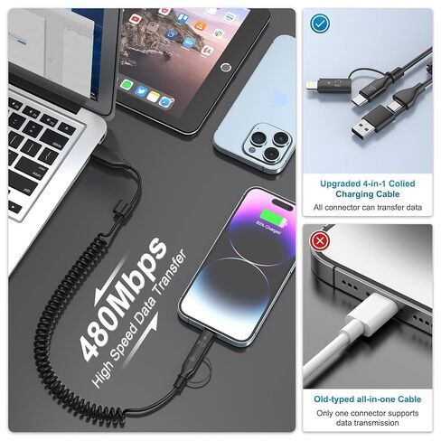 60W USB C to Lightning Cable Fast Charging Cable Supports Apple CarPlay & Android Auto,4-in-1 Coiled iPhone 16 CarPlay Cable for Car, [2Pack 4FT] Coided Lightning Cable for iPhone 16/15/14/13/Samsung in Kuwait
