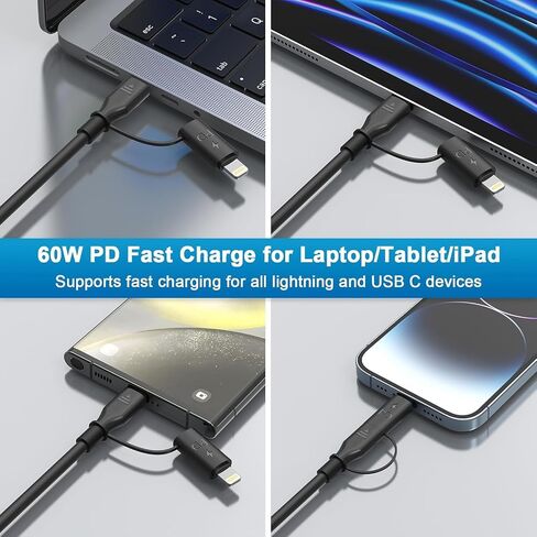 60W USB C to Lightning Cable Fast Charging Cable Supports Apple CarPlay & Android Auto,4-in-1 Coiled iPhone 16 CarPlay Cable for Car, [2Pack 4FT] Coided Lightning Cable for iPhone 16/15/14/13/Samsung in Kuwait