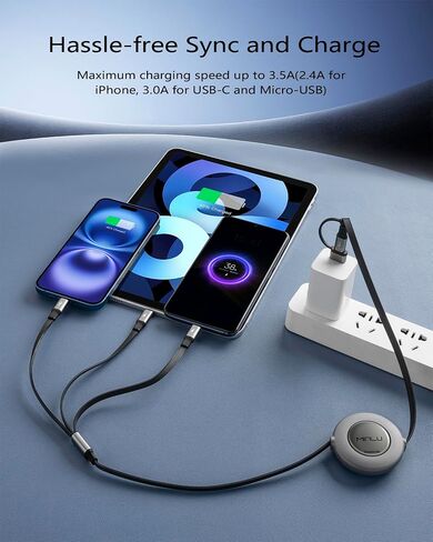 Minlu 3 in 2 Multi Charging Cable, 4Ft Retractable Chargers for All Devices,Multiple USBC Charger Cable Adapter with USB A/C to Lightning/USB C/Micro USB Port for iPhone 17/16/15/14/Samsung/PS in Kuwait