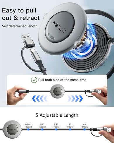 Minlu 3 in 2 Multi Charging Cable, 4Ft Retractable Chargers for All Devices,Multiple USBC Charger Cable Adapter with USB A/C to Lightning/USB C/Micro USB Port for iPhone 17/16/15/14/Samsung/PS in Kuwait