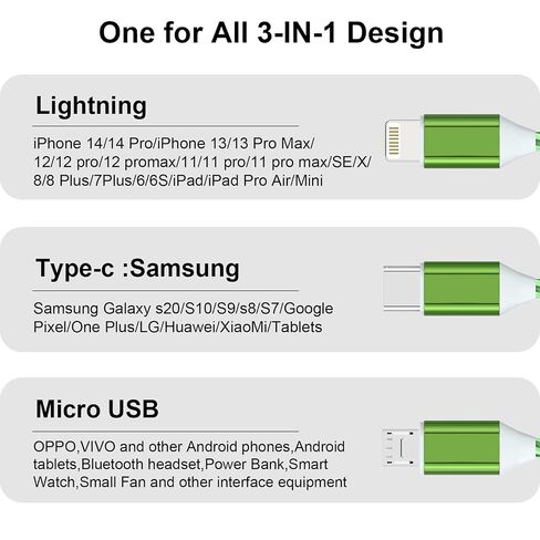 3-in-1 Multi USB Universal Flowing LED Light Up Phone Charge Cable， Lightning+Type C+Micro USB Glowing Charger Connector Cord for iPhone 14/13/12 Pro Max/XR/XS/8 7/SE,iPad/LG/Samsung/Pixel(4FT Green) in Kuwait