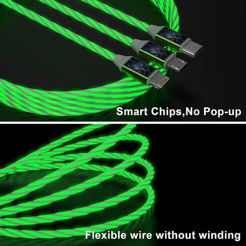 3-in-1 Multi USB Universal Flowing LED Light Up Phone Charge Cable， Lightning+Type C+Micro USB Glowing Charger Connector Cord for iPhone 14/13/12 Pro Max/XR/XS/8 7/SE,iPad/LG/Samsung/Pixel(4FT Green) in Kuwait