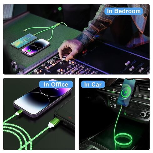 3-in-1 Multi USB Universal Flowing LED Light Up Phone Charge Cable， Lightning+Type C+Micro USB Glowing Charger Connector Cord for iPhone 14/13/12 Pro Max/XR/XS/8 7/SE,iPad/LG/Samsung/Pixel(4FT Green) in Kuwait