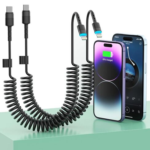 2Pack CarPlay USB-C to Lightning iPhone USB Coiled Charger Cable for Car,4Ft Apple Short Charging Cord Sync Data Retractable Charger Connector for iPhone14/13/12/11 SE/Xr/iPad[MFi Certified]-Black in Kuwait