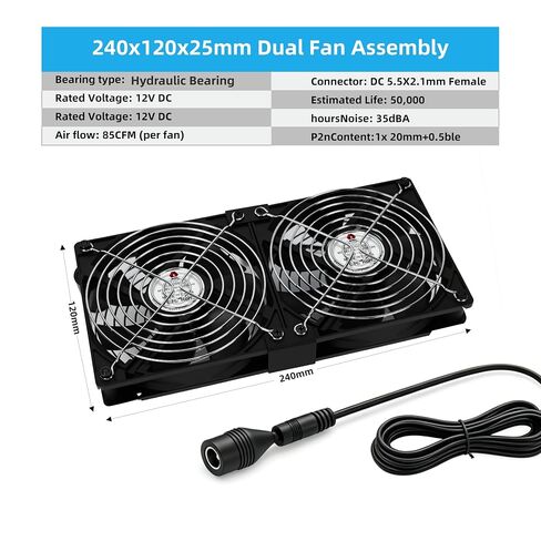 2 Pack 120mm Cabinet Cooling Fan, 166 CFM High Airflow Hydraulic Quiet Fan with Variable Speed Controller, AC 100-240V Plug & Play for Server Rack, Cabinet, NAS, Router, Greenhouse in Kuwait
