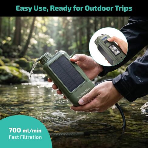 Swonder Portable Electric Water Filter – 0.01 Micron Camping Water Purifier with Solar & 5200mAh Battery, 4-Stage Filtration System for Hiking, Emergency, Survival in Kuwait