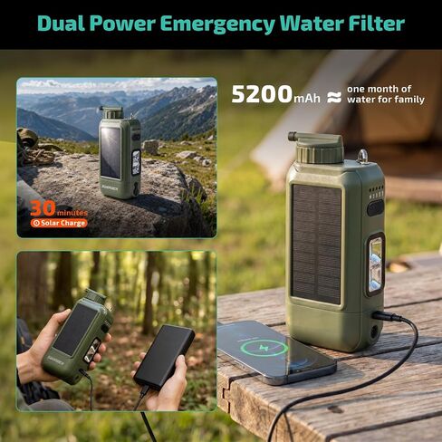 Swonder Portable Electric Water Filter – 0.01 Micron Camping Water Purifier with Solar & 5200mAh Battery, 4-Stage Filtration System for Hiking, Emergency, Survival in Kuwait