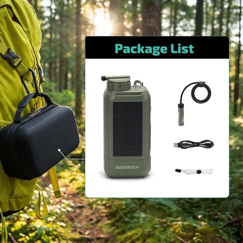 Swonder Portable Electric Water Filter – 0.01 Micron Camping Water Purifier with Solar & 5200mAh Battery, 4-Stage Filtration System for Hiking, Emergency, Survival in Kuwait
