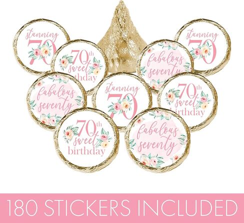 Pink Floral 70th Birthday Kiss Stickers, 180 Count, 3 Designs in Saudi Arabia