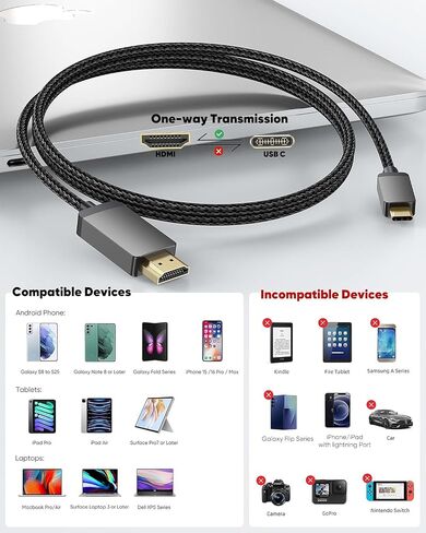 1.5FT Short 4K USB C to HDMI Cable, Slim Thunderbolt 5/4/3 Type-C to HDMI in Kuwait