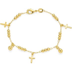 Christian Religious Spiritual Beads Bells Dangle Charm Multi Cross Anklet Ankle Bracelet For Women Teens 18K Gold Plated Brass 7.5, 10 Inch