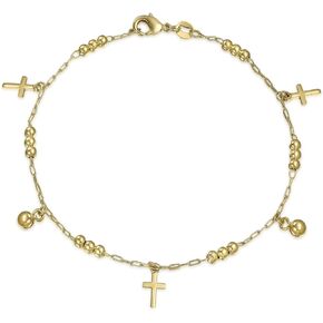 Christian Religious Spiritual Beads Bells Dangle Charm Multi Cross Anklet Ankle Bracelet For Women Teens 18K Gold Plated Brass 7.5, 10 Inch