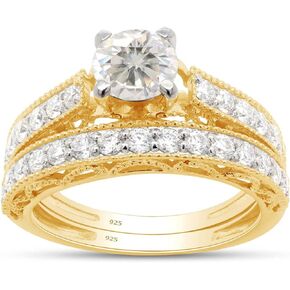 SAVEARTH DIAMONDS 1 1/2 CTTW Center 6MM Round Cut Lab Created Moissanite Diamond Milgrain Wedding Bridal Set Ring In 14k Gold Over Sterling Silver (G-H Color, VVS1 Clarity, 1.50 Cttw) …