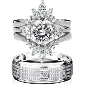 wedding ring set His Hers Couples Matching Rings 3PC Women's 10k White Gold Plated Moissanite Wedding Engagement Ring Bridal Sets & Men's Titanium Wedding Band