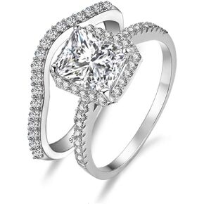 Diamonbella 72 facets 2 Carat Cushion Cut NSCD Simulated Diamond Ring Double Band Set Solid 925 Silver