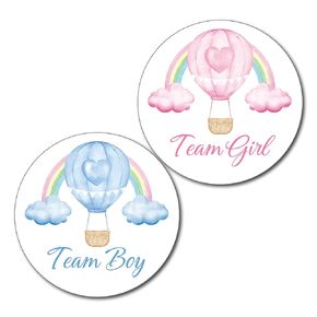 36 2.5 inch Hot Air Balloon Team Stickers - Rainbow Baby Shower or Gender Reveal Party - Pink and Blue